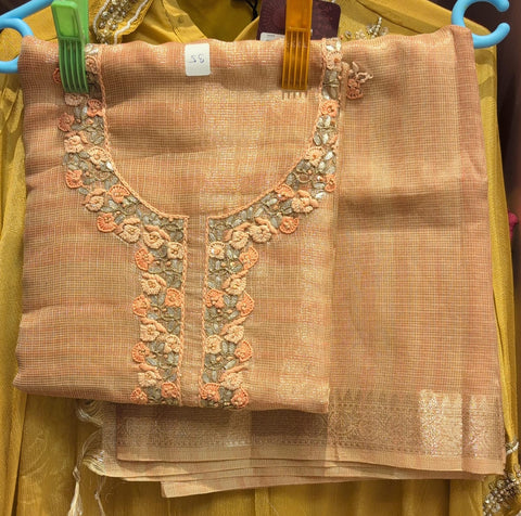 Peach Golden Zari Check Dress Material with Thread & Mirror Neck Embroidery