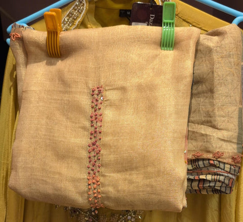 Beige Linen Dress Material with Subtle Thread Embroidery & Checked Dupatta