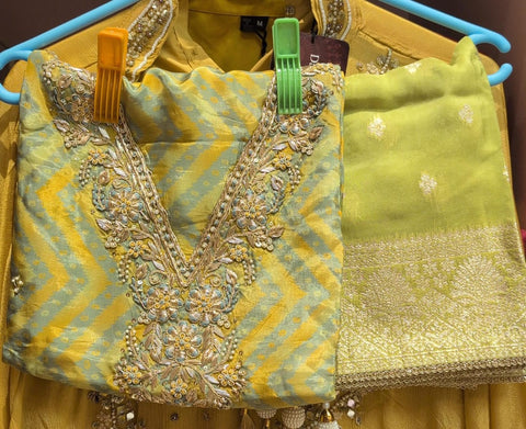 Lime Yellow & Aqua Chevron Embroidered Silk Dress Material with Zari Dupatta