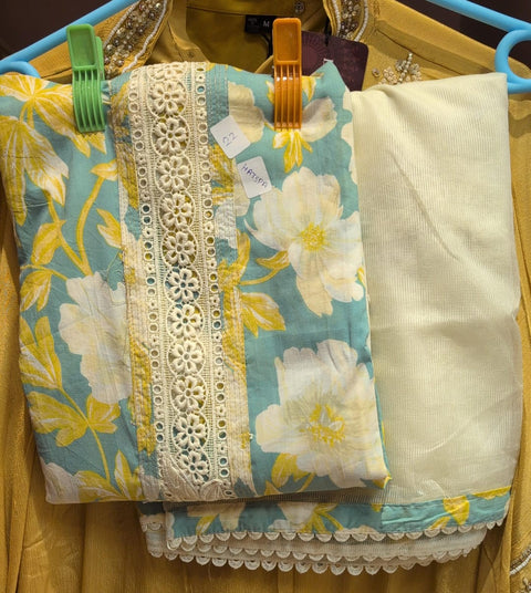 Aqua Blue & Ivory Floral Cotton Dress Material with Crochet Lace Detailing