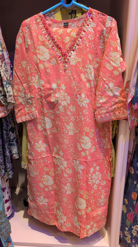 Peach Blossom Embroidered V Neck Straight Kurta