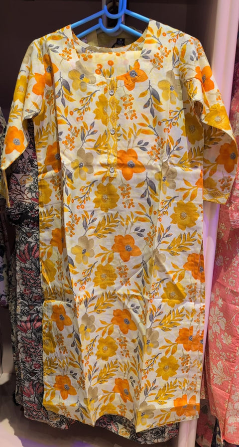 Sunlit Bloom Yellow Floral Printed Cotton Kurta
