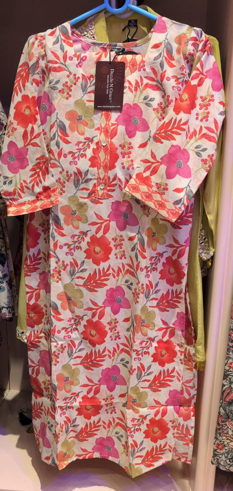Blush Garden Pink & Coral Floral Printed Cotton Kurta