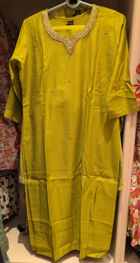 Golden Lime Embroidered Neckline Silk-Blend Kurta
