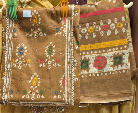 Handcrafted Brown Bandhani Print Cotton Dress Material Set 3Piece Unstitched Suit