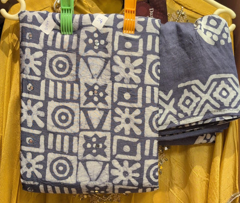 Indigo Blue & White Handblock Printed Cotton Dress Material Set 3Piece Unstitched Suit