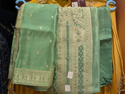 Pastel Green Embroidered Cotton Silk Dress Material (Top + Bottom + Dupatta)