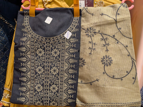 Navy Blue & Beige Embroidered Cotton Linen Dress Material (Top + Bottom + Dupatta)