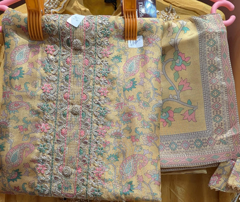 Mustard Gold Printed & Embroidered Cotton Silk Dress Material (Top + Bottom + Dupatta)