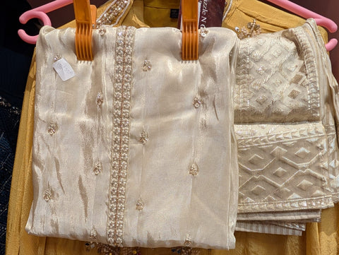Ivory Gold Embroidered Silk Blend Dress Material (Top + Bottom + Dupatta)
