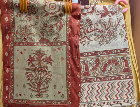 Maroon & Beige Handblock Print Cotton Dress Material (Top + Bottom + Dupatta)