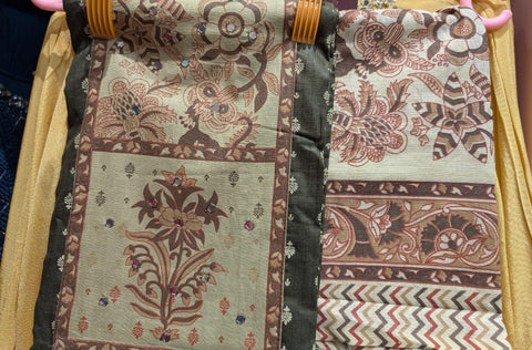 Olive Brown & Beige Handblock Print Cotton Dress Material (Top + Bottom + Dupatta)