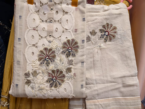 Elegant Cream Embroidered Cotton Dress Material with Lace Detailing