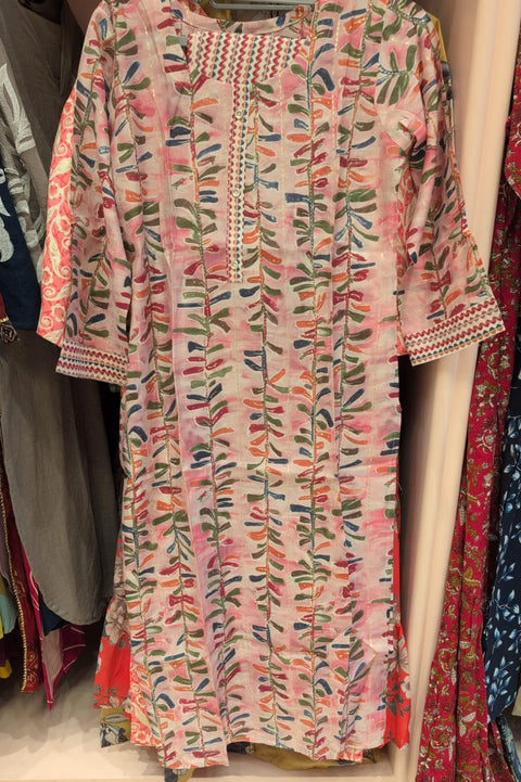 Pastel Pink Multi-Stripe Leaf Kurti and pant (3/4 Sleeve, Panel Yoke)