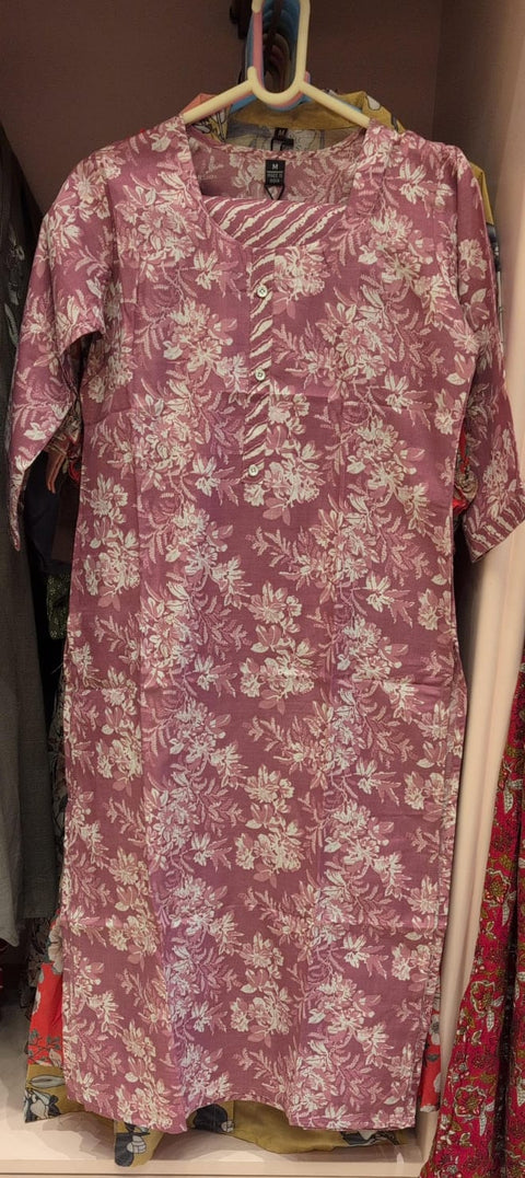 Dusty Rose Floral Printed Straight Kurti with Pant and Dupatta(3/4 Sleeve, Stripe Panel Placket)