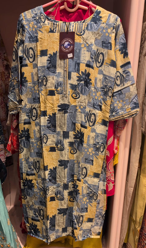 Abstract Printed Cotton Straight Kurti Sky Blue & Mustard