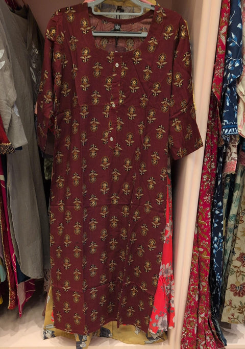 Handblock Printed Cotton Straight Kurti Maroon Floral Motif