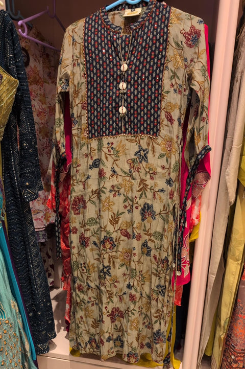 Floral Printed Cotton Coord Set with Contrast Yoke Beige & Navy