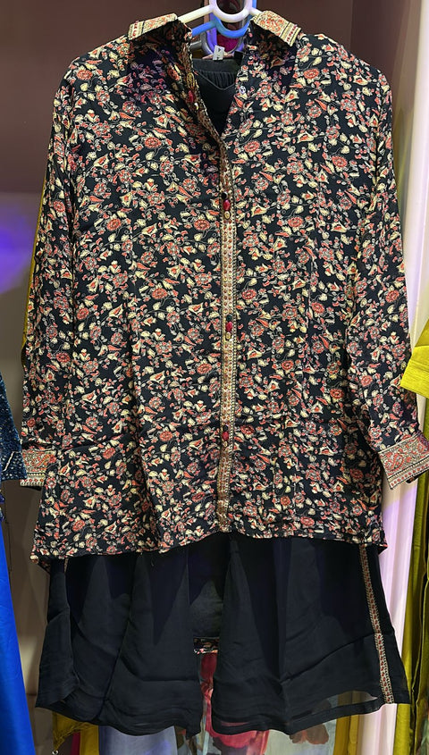 Black Floral Printed Short Kurta with Palazzo Elegant Indo Fusion Set