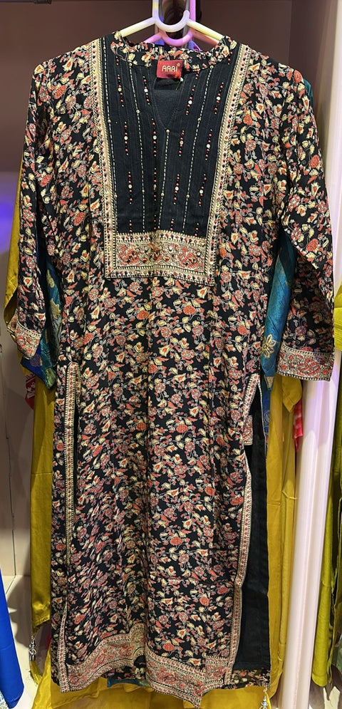 Black Floral Printed Suit Set with Pant & Dupatta Embroidered Yoke Design