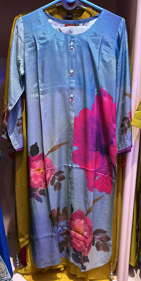Light Blue Floral Printed Kurta with Palazzo Elegant Satin Finish