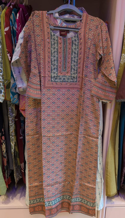 Printed Work Straight Kurti Rust Blue