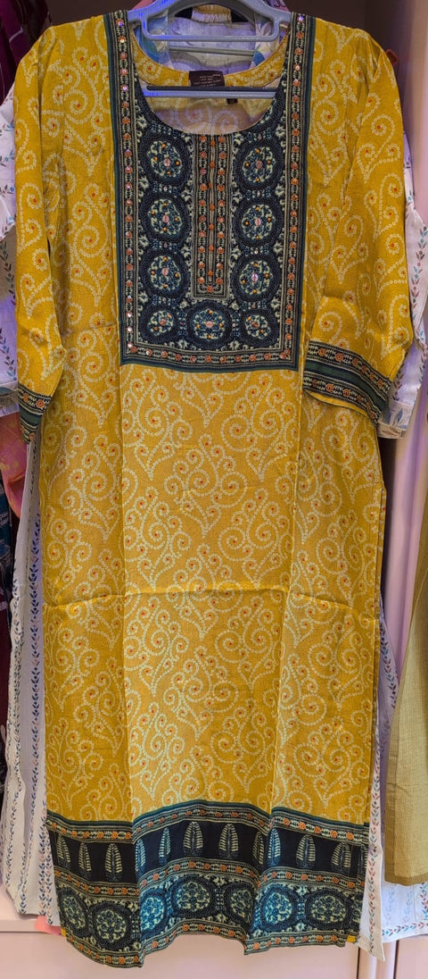 Printed Aari Work Straight Kurti Mustard Yellow & Navy