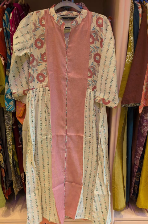 Pastel Pink & Cream Printed Long Kurti with Front Panel Design