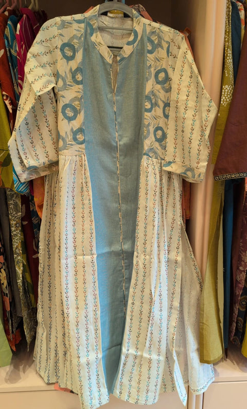 Pastel Blue & Cream Printed Long Kurti with Front Panel Design