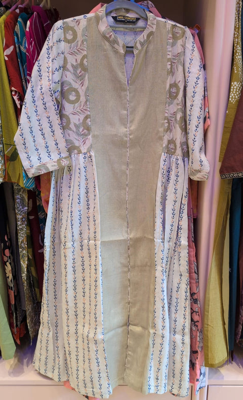 Olive Green & Cream Printed Long Kurti with Front Panel Design