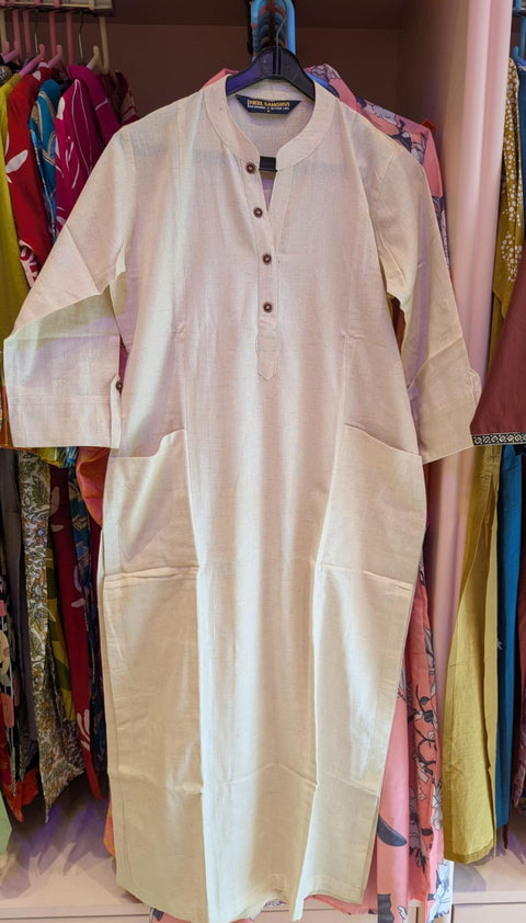 Pure Off-White Cotton Linen Kurti with Mandarin Collar & Wooden Buttons