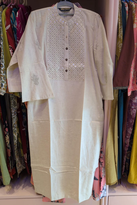 Off-White Mirror Work Cotton Linen Kurti with Embroidered Yoke