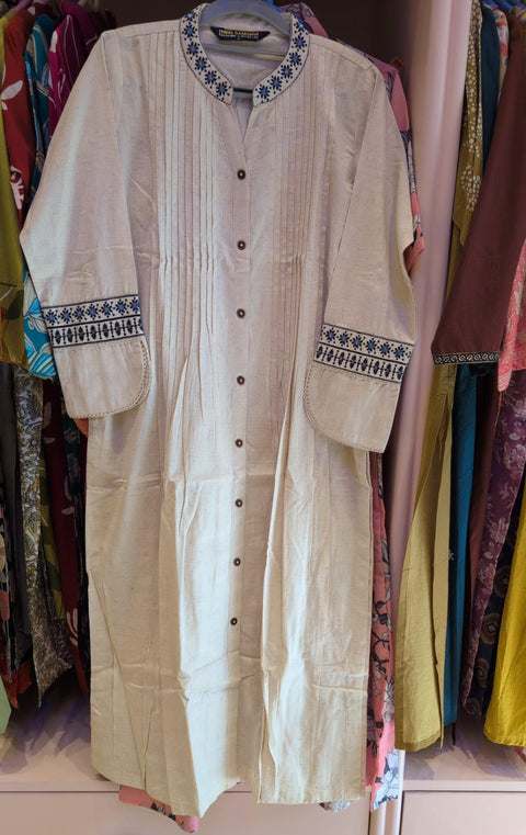 Off-White Cotton Linen Kurti with Blue Embroidered Collar & Cuff Detailing