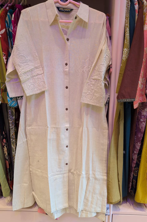 Off-White Cotton Linen Shirt-Style Kurti with Embroidered Sleeves