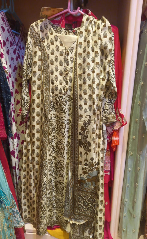 Cream & Brown Block Print Cotton Kurti with Dupatta