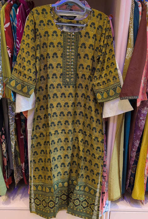 Mustard Yellow Floral Block Print Kurti