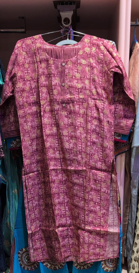 Printed Cotton Straight Kurti Pink Floral Motif