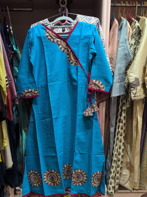 Sky Blue Cotton Angrakha Kurti with Mirror Work Print & Tassels