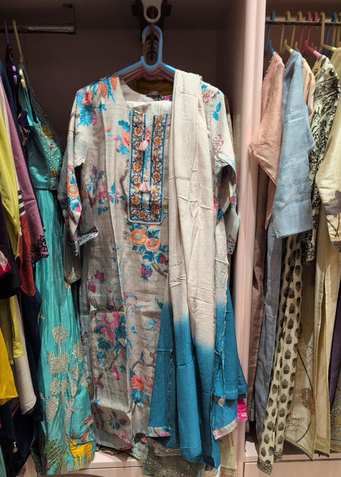 Light Blue Satin Finish Floral Printed Kurti with Pant and Dupatta