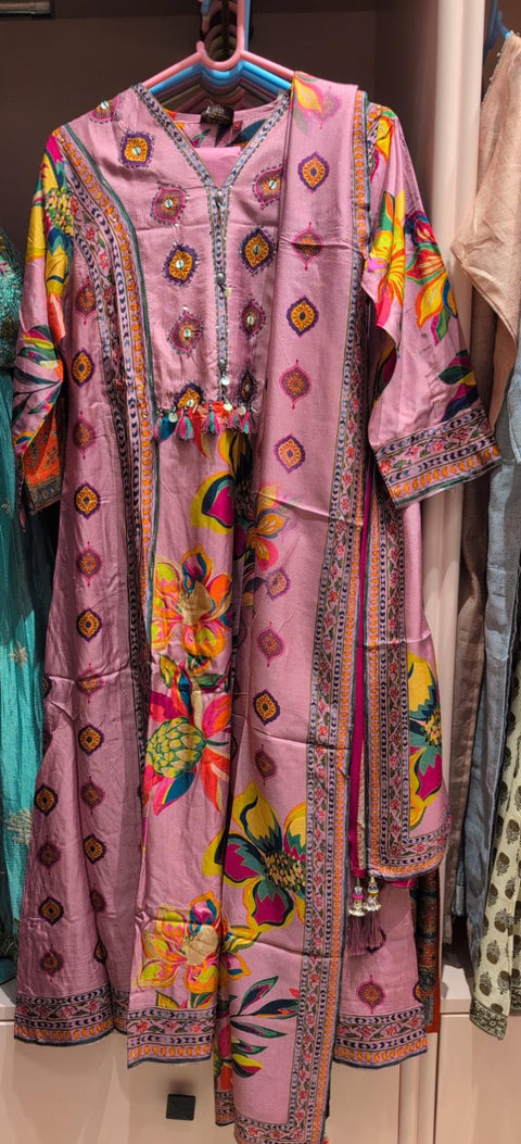 Premium Floral Printed Pink Suit Set with Dupatta