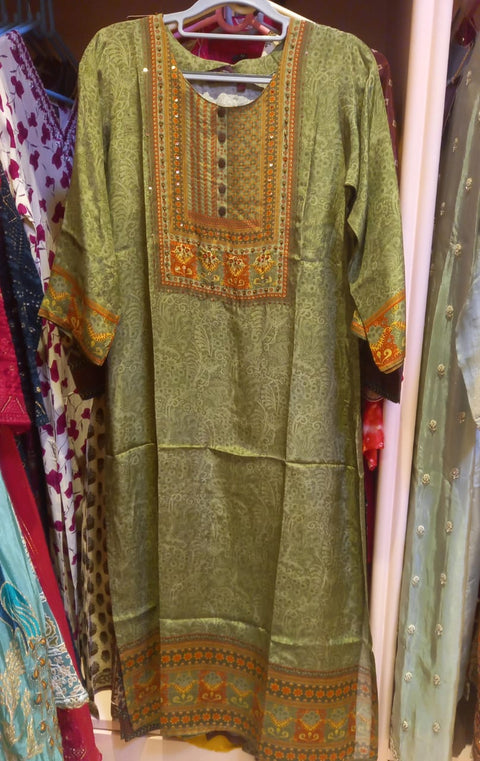 Elegant Olive Green Printed Kurti with Embroidered Yoke