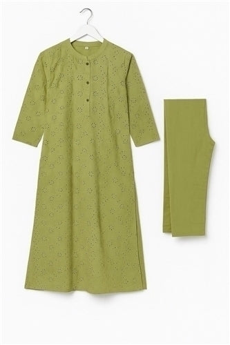 Aesha Cream Embroidered Long Kurti with Pant Set | Chikan Eyelet Floral Cutwork Cotton Blend | Brown Olive Green
