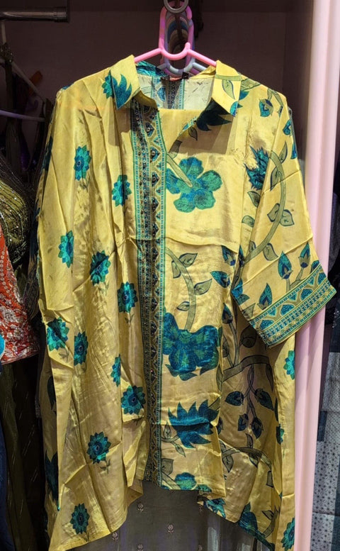 Floral Printed Yellow Yellow Teal Cord Set With Designer Collar