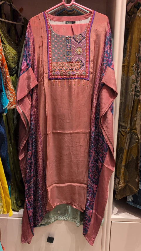 Embroidered Designer Kaftan With Palazzo Rose Pink & Navy