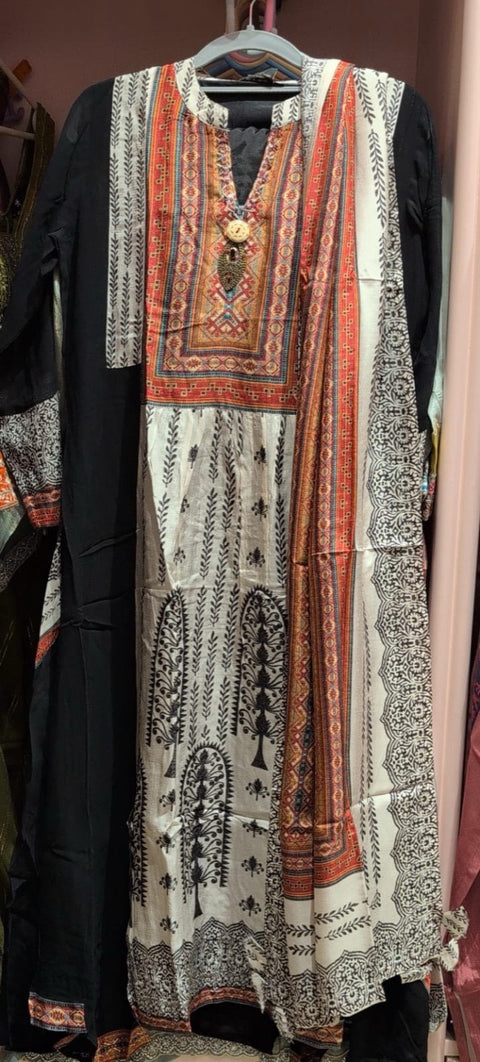 Black & Off White Ethnic Printed Full Suit With Multicolor Yoke