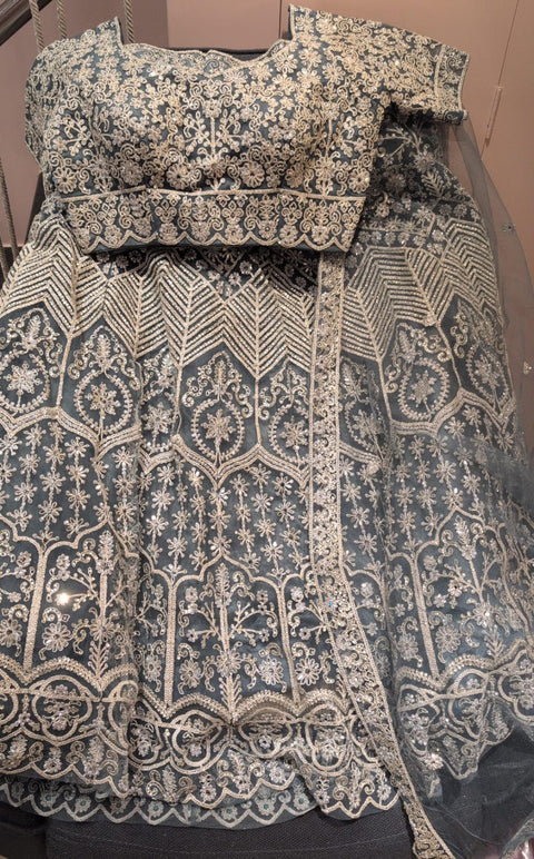 Charcoal Grey & Gold Embroidered Ghaghara Choli Set