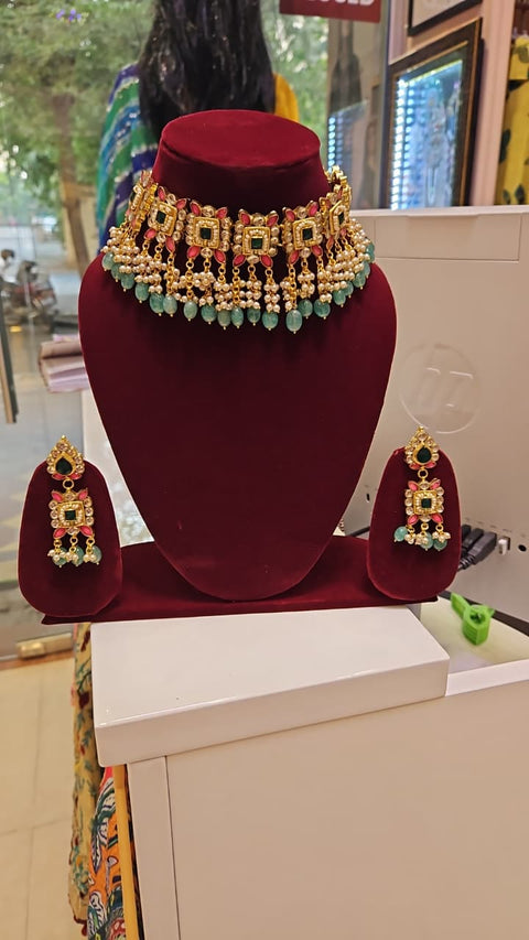 Royal Kundan Pearl Choker Set Mint Drop Edition