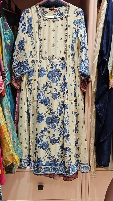 Ivory &amp; Blue Floral Printed Salwar Suit