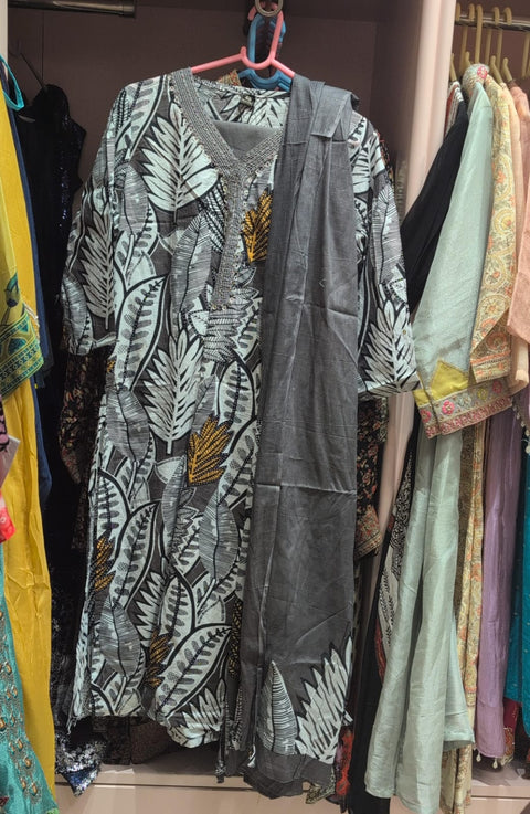 Monochrome Leaf Print Salwar Suit with Dupatta