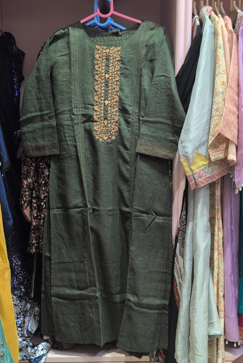 Olive Green Embroidered Kurti Coord Set